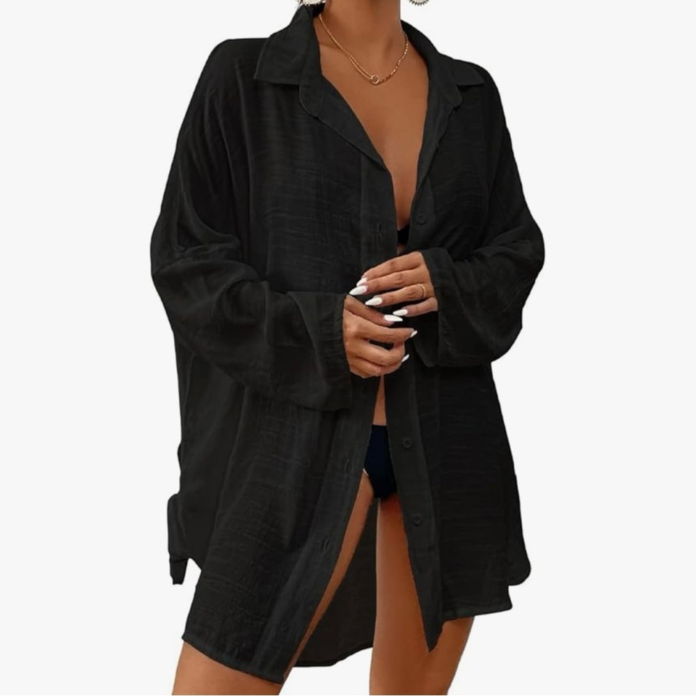 Black Button-Up Beach Shirt